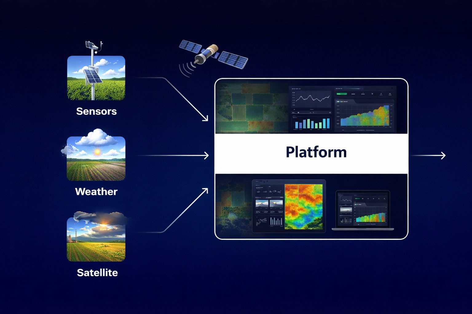 Data pipeline diagram — sensors, weather, satellite → platform