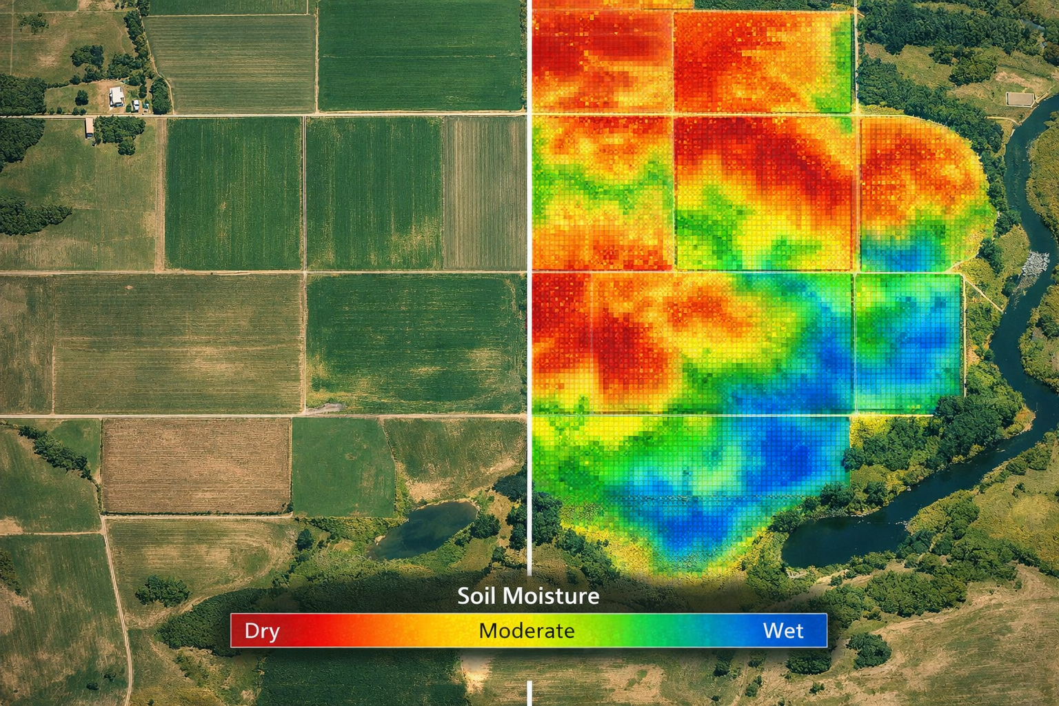 Satellite field imagery with soil moisture heatmap